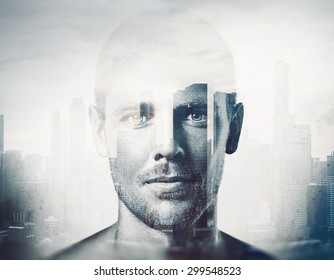 Double Exposure  Black And White Portrait Of A Handsome Man