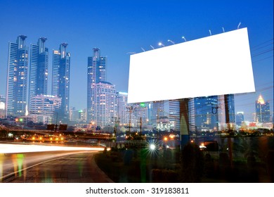 Double Exposure Of Blank Billboard On City Night 