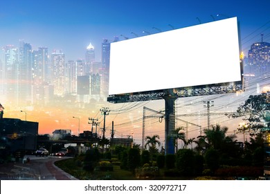 Double Exposure Of Blank Billboard On City Night 