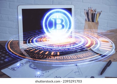 Double exposure of blockchain and crypto economy theme hologram and table with computer background. Concept of bitcoin cryptocurrency. - Shutterstock ID 2395291703