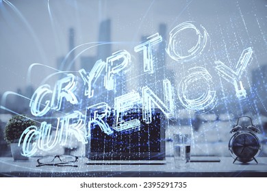 Double exposure of blockchain and crypto economy theme hologram and table with computer background. Concept of bitcoin cryptocurrency. - Powered by Shutterstock