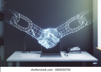 Double exposure of blockchain technology with handshake hologram and modern desktop with laptop on background. Research and development decentralization software concept