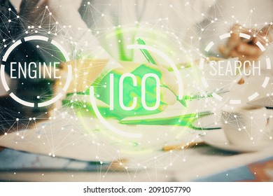 Double exposure of blockchain theme drawing over people taking notes background. Concept of cryptocurrency