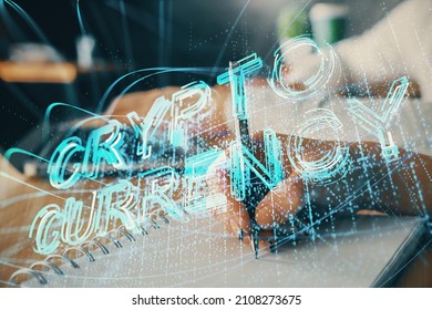 Double exposure of blockchain theme drawing over people taking notes background. Concept of cryptocurrency