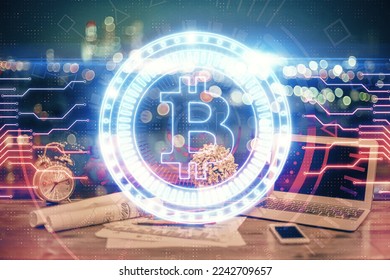 Double exposure of blockchain theme hologram and table with computer background. Concept of bitcoin crypto currency. - Shutterstock ID 2242709657