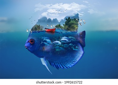 Double Exposure Of Blue Fish And Underwater Life And Beautiful Landscape With A Red Boat Floating