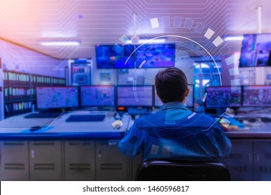 Double Exposure Blurred Light Of Man Engineering Operations Checking Production Process, Control Room Of A Steam Turbine, Generators In The Coal-fired Power Plant. Technology And Industry Concept