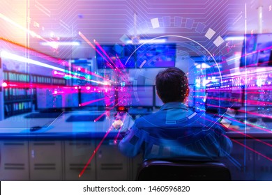 Double exposure Blurred light of man Engineering operations checking production process, Control room of a steam Turbine, Generators in the coal-fired power plant. Technology and industry concept - Shutterstock ID 1460596820