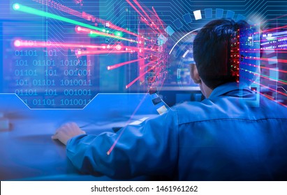 Double Exposure Blurred Light Of Man Engineering Operations Checking Production Process, Control Room Of A Steam Turbine, Generators In The Coal-fired Power Plant. Technology And Industry Concept