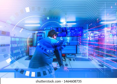 Double Exposure Blurred Light Of Man Engineering Operations Checking Production Process, Control Room Of A Steam Turbine, Generators In The Coal-fired Power Plant. Technology And Industry Concept