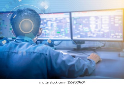 Double Exposure Blurred Light Of Man Engineering Operations Checking Production Process, Control Room Of A Steam Turbine, Generators In The Coal-fired Power Plant. Technology And Industry Concept