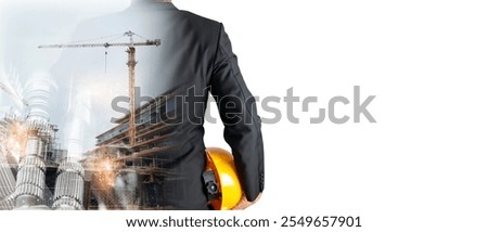 Double Exposure Building Construction Engineering Project machinery Concept Graphic designers, architects or construction workers with modern technology and equipment.
