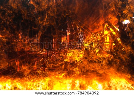 Double exposure Burned interiors of office decoration after fire in the factory / Damage in Factory After Fire Inferno