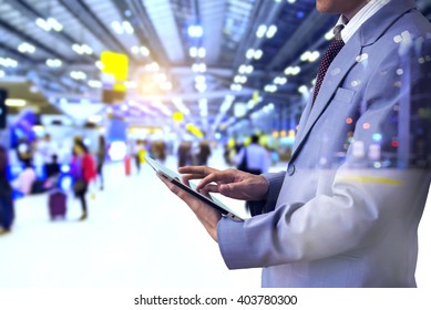 Double Exposure Business Concept, Businessman With Tablet. Worldwide Connection Technology Interface, Horizontal Mockup.  Blur Airport Background