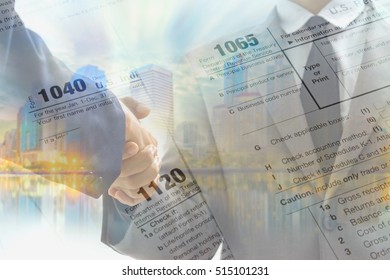 Double Exposure Of Business Handshake And Tax Form For Taxation Concept