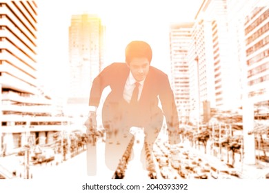 Double Exposure Business Man Holding Bag While Preparing Strat Up Forword In City Scape Business Center Background