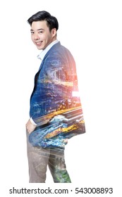 Double Exposure Of Business Man Smiling And City Scape Night Time