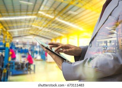 Double exposure business man use tablet authorities Quality Inspector wearing magnifying glasses inspecting a small manufactured part and factory - Powered by Shutterstock