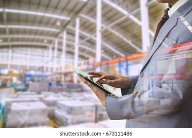 Double exposure business man use tablet authorities Quality Inspector wearing magnifying glasses inspecting a small manufactured part and factory - Powered by Shutterstock