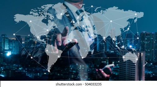 Double Exposure Of Business Man Working With Globalization Concept And Connected Line, Internet Of Things Conceptual