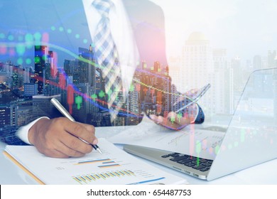Double Exposure Business People do Market Research and Stock Analysis to investigate the feasibility of capital investment. Space for your Business message. Business and finance concept
 - Shutterstock ID 654487753