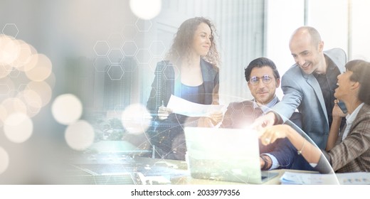 Double Exposure Of Business People Meeting Seminar With Bokeh Abstract Backgrounds