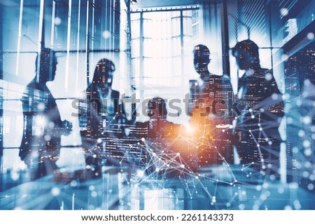 Double exposure of business people who work together in office with stats and graph background