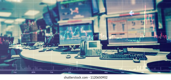 Double Exposure Of Business Stock Trading Room With Computer And Graph For Business Trading Concept.