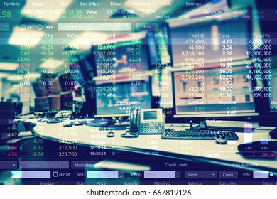 Double Exposure Of Business Stock Trading Room With Computer And Graph For Business Trading Concept.