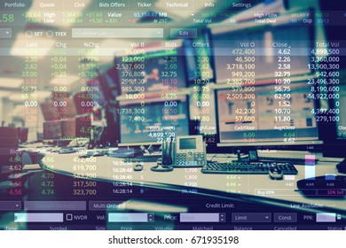 Double Exposure Of Business Stock Trading Room With Computer And Graph For Business Trading Concept.