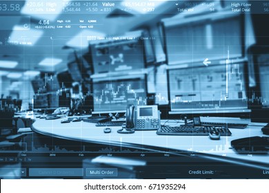 Double Exposure Of Business Stock Trading Room With Computer And Graph For Business Trading Concept.