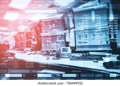 Double Exposure Of Business Stock Trading Room With Computer And Graph For Business Trading Concept.