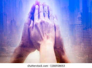 Double Exposure Business Success Team Which Hand Of The Work Force Combine Power Tag Team Or  Group Of Diversity People Hand Assemble High Five For Good Teamwork,lens Flare Image Successfuly Concept