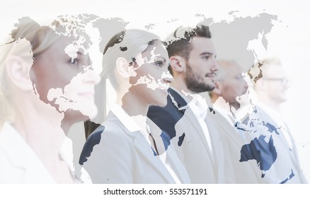 Double Exposure, Business Team With World Map, Global Business Concept