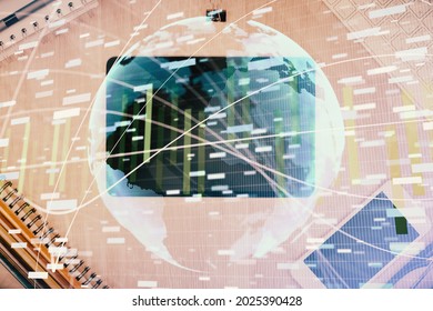 Double Exposure Of Business Theme Hologram Over Desktop With Phone. Top View. Mobile International Trade Connection Concept.