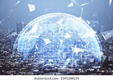 Double exposure of business theme hologram drawing and city veiw background. Concept of success. - Shutterstock ID 2395288255
