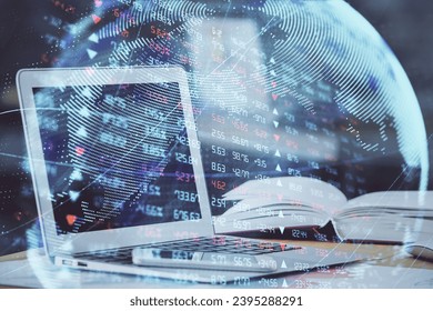 Double exposure of business theme icons and work space with computer background. Concept of success. - Shutterstock ID 2395288291