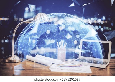 Double exposure of business theme icons and work space with computer background. Concept of success. - Shutterstock ID 2395291587