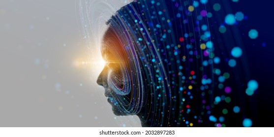 Double exposure of business woman and Big Data concept. Digital neural network.Introduction of artificial intelligence. Cyberspace of future.Science and innovation of technology. - Shutterstock ID 2032897283