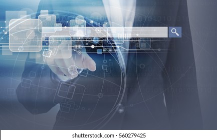 Double exposure of business woman hand touching blank search bar and technology design