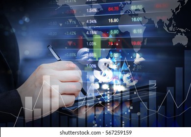 Double exposure of business woman are trading stock market with currency symbol by using mobile phone - Shutterstock ID 567259159