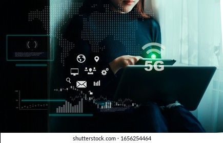 Double exposure of business woman using global network connection 5G virtual interface screen on laptop device.  Fastest high speed internet networks technology concept.