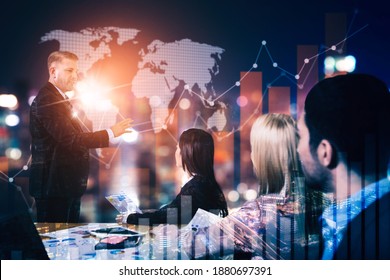 Double Exposure Of Businessman Analyzing Business Chart On Virtual Screen While Doing Presentation With His Colleagues In The Meeting Business