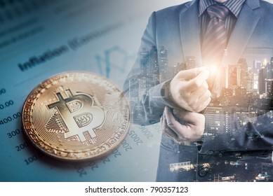 Double exposure of businessman and city night background with bitcoin on graph report, bitcoin BTC the new virtual electronic money. investment concept