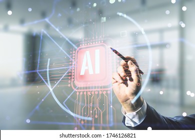 Double exposure of businessman hand with pen working with creative artificial Intelligence abbreviation hologram on blurred office background. Future technology and AI concept