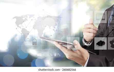 Double exposure of businessman hand shows modern technology as internet security concept - Shutterstock ID 260682566