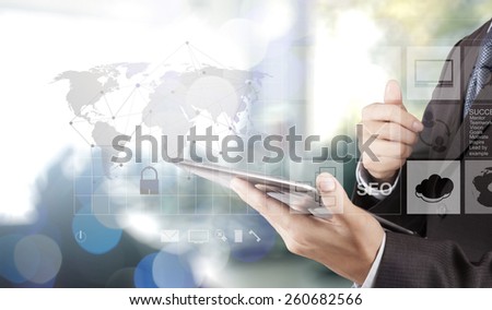 Double exposure of businessman hand shows modern technology as internet security concept