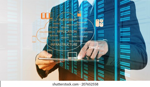 Double exposure of  Businessman hand working with a Cloud Computing diagram on the new computer interface as concept