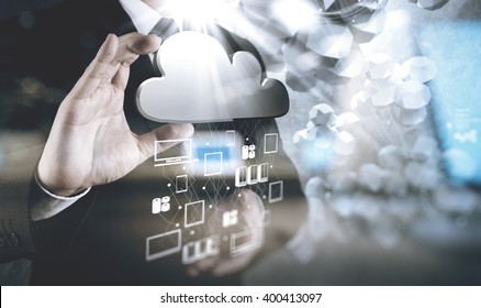 double exposure of Businessman hand working with a Cloud Computing diagram on the new computer interface as concept