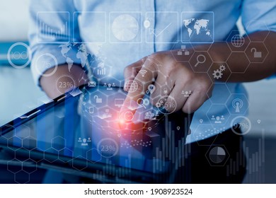 Double exposure of businessman hands touching on tablet and technology global networking security information with innovation icon virtual screen, Digital marketing concept, Blurred background.  - Powered by Shutterstock